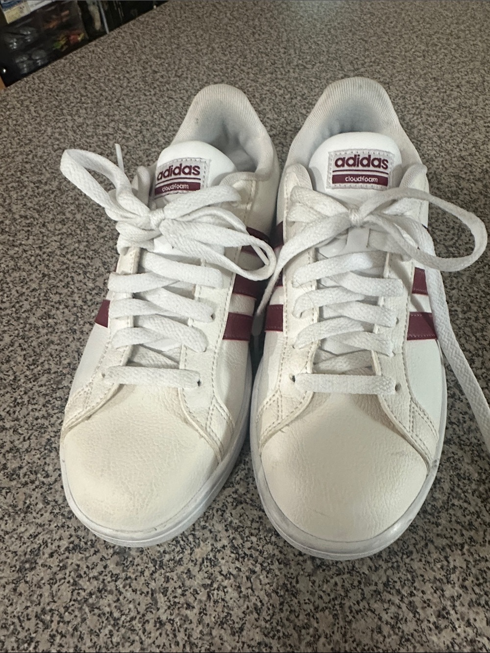 adidas Women’s White Sneakers with Maroon Stripe Details